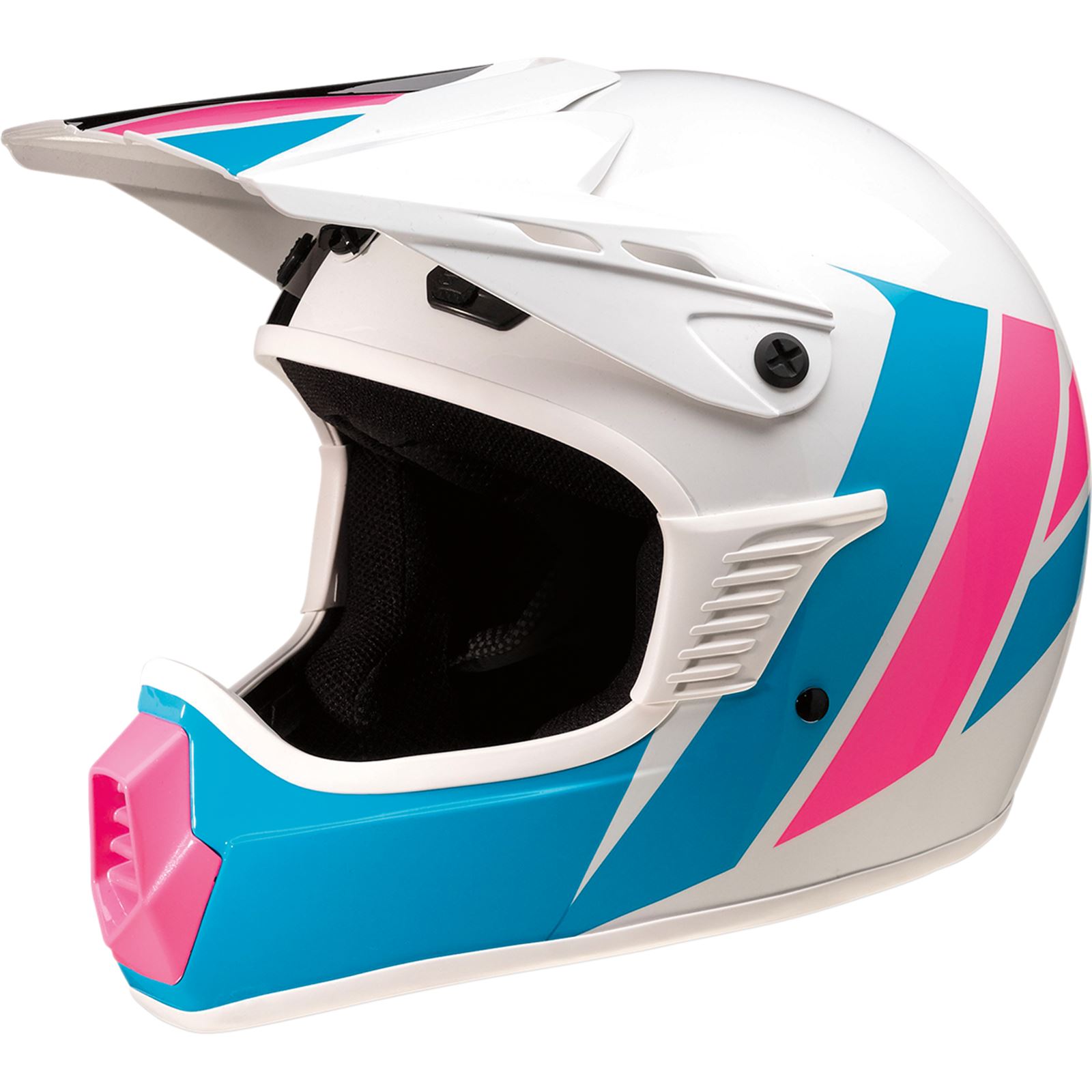 pink and blue dirt bike helmet