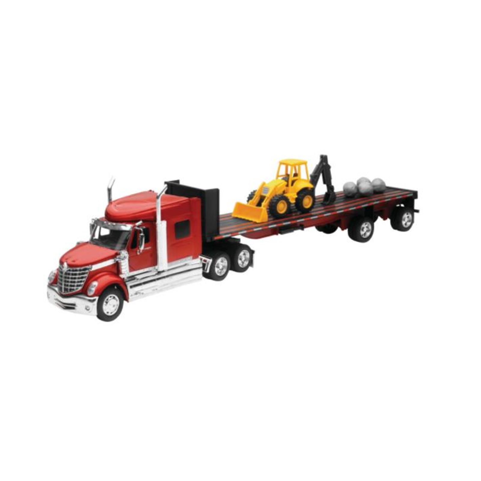 International Lonestar Truck with Flatbed Trailer Red Metallic with Front Loader and Rocks Long Haul Truckers Series 1/32 Diecast Model by New Ray SS-10393B