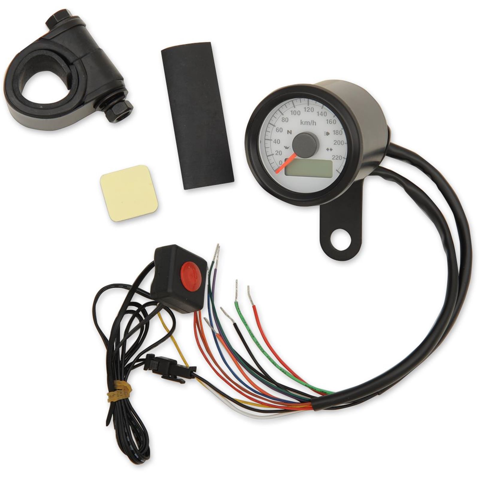 Drag Specialties 1-7/8" Programmable Speedometer with Indicator Lights - Gloss Black - 220 KPH LED White Face
