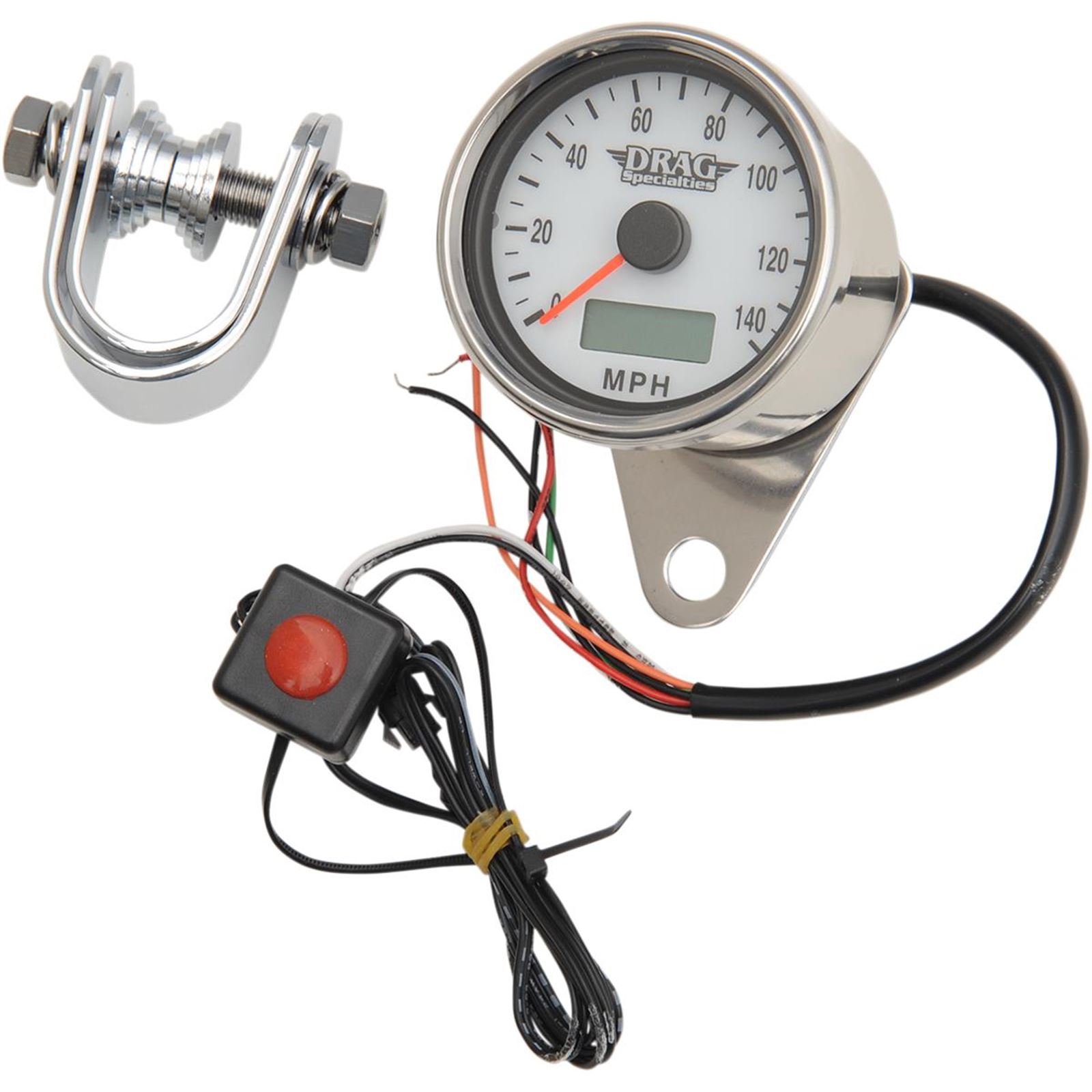 Drag Specialties 2.4" MPH Programmable Mini Electronic Speedometer with Odometer/Tripmeter - Polished - White Face