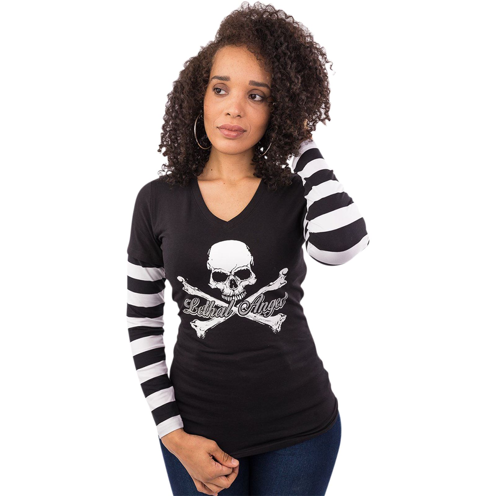 Lethal Threat Decals Women's Long Sleeve Stripe Tee Shirt - Black/White - Medium